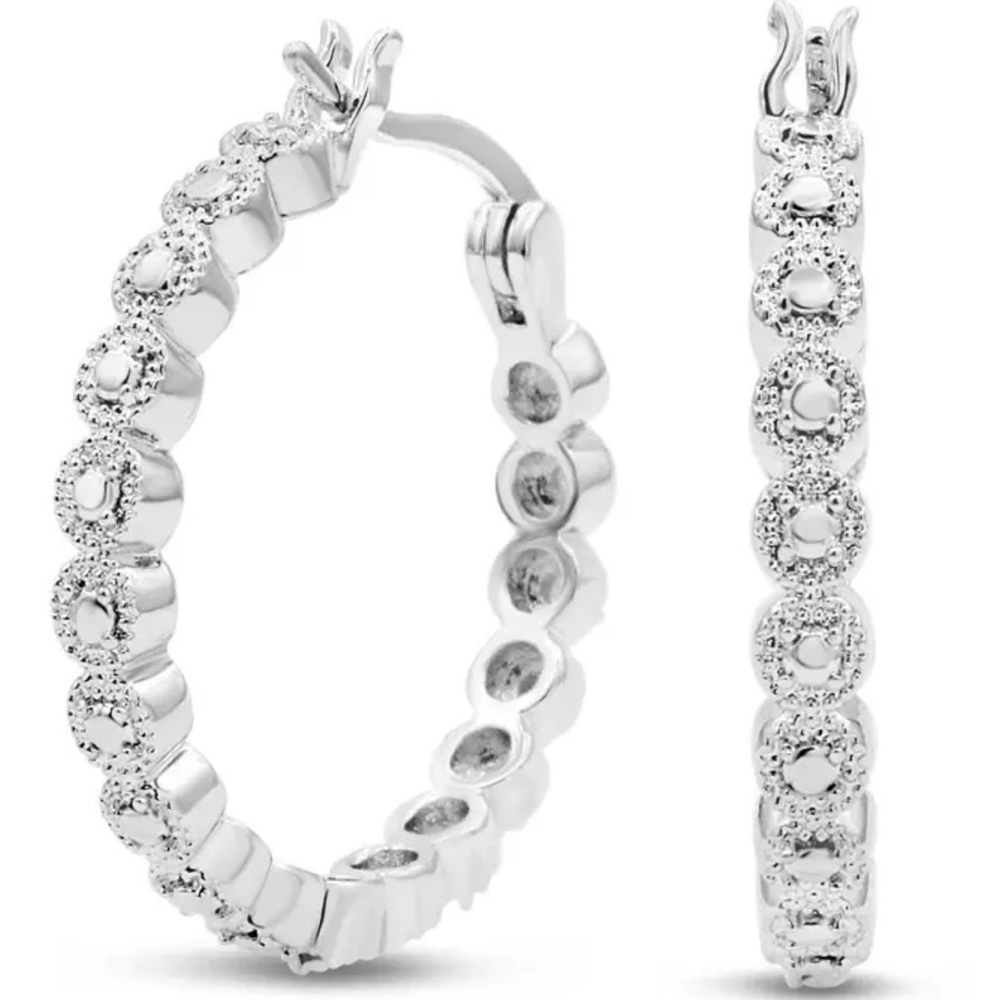 NWT 1/4 carat (total) Diamond Halo look hoop earrings, 3/4”, sterling si…